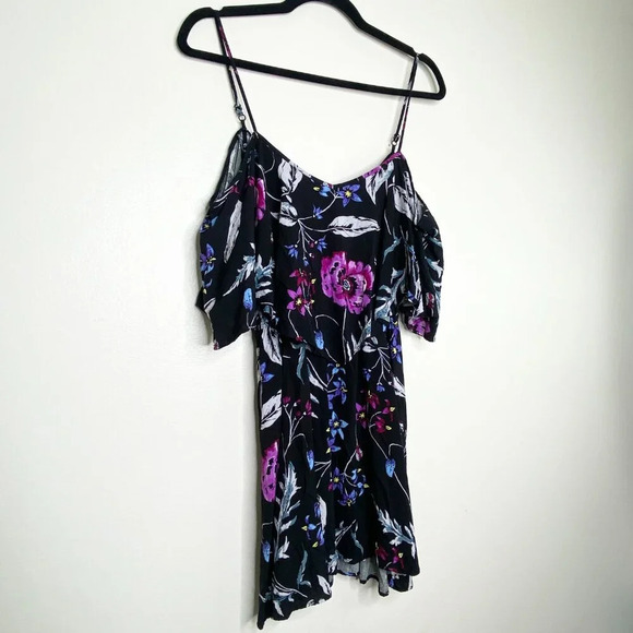 Express XS Floral Cold Shoulder Tank Dress Black Purple Blue Summer Vacation - Picture 5 of 9